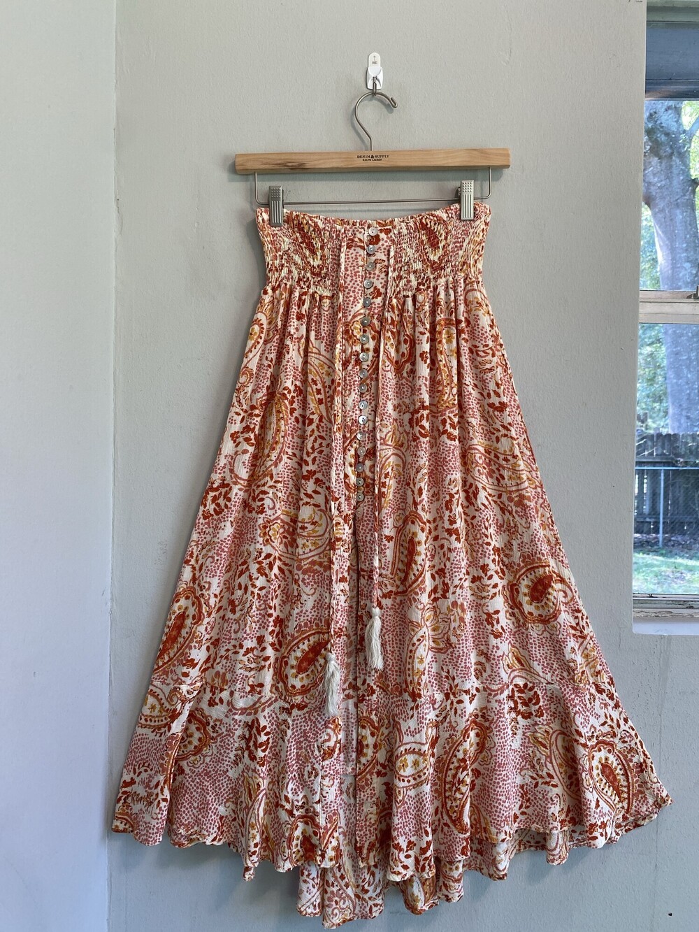 Cynthia Rowley Paisley Maxi Skirt Smocked Waist Tassels Rust M